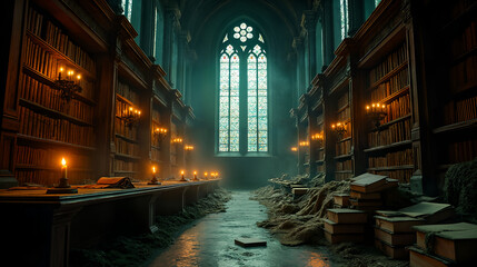 An Intricate Representation of a Derelict Gothic Library Under Flickering Candlelight with Shadows and Rich Textures