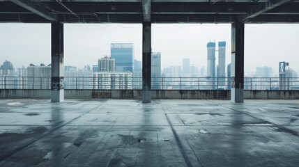 Empty square floor with city skyline background, Contemporary cityscape with spacious square, evening glow