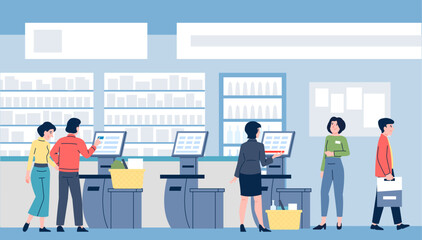 Grocery store self service. People with shop baskets and goods stands at self pay terminals. Worker help customers in supermarket, recent vector scene © LadadikArt