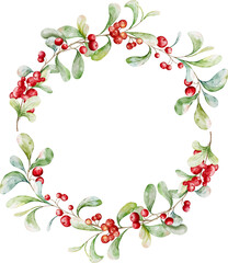Fototapeta premium Christmas watercolor with berries and leaves wreath