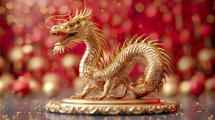 Fototapeta premium Majestic Golden Dragon: A 3D Rendering of a Chinese Dragon on a Red and Gold Podium, Perfect for Lunar New Year Celebrations, Cultural Events, and Asian-Themed Designs