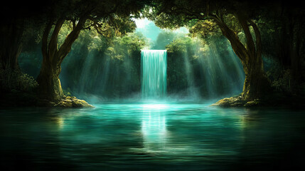 Fototapeta premium serene fantasy forest featuring glowing waterfall surrounded by lush trees and tranquil waters, creating magical atmosphere
