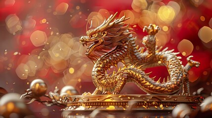 Fototapeta premium Majestic Golden Dragon: A 3D Render of a Chinese Dragon on a Red and Gold Podium, Perfect for Lunar New Year Celebrations, Asian-themed Designs, and Cultural Events