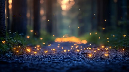 Naklejka premium Enchanted Firefly Dance in a Dark Forest, a mesmerizing display of glowing insects illuminating the night with a magical ambiance