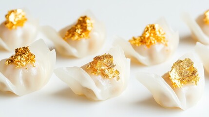 Bite-sized Asian dumplings with edible gold, stark white background, [appetizers], [luxury Asian cuisine]