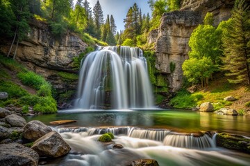 Obraz premium Serene Minimalist Landscape of Hidden Falls in Wyoming Surrounded by Lush Greenery, Flowing Water, and Rocky Outcrops Captured in Natural Light