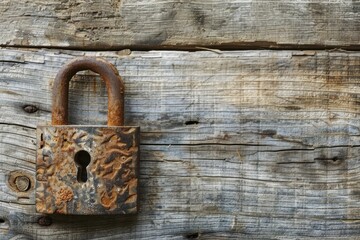 Rusty Lock Hangs on Weathered Wood Background Securely Showing History and Time with Grain Texture.