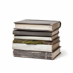 Stack of books on white background, product photography, random book position