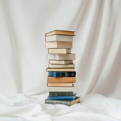 Stack of books on white background, product photography, random book position