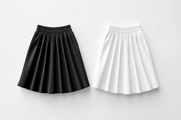 Black and white pleated skirts displayed side by side, showcasing timeless elegance