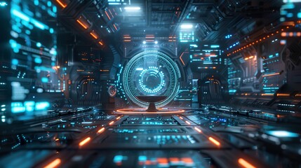 High-Tech 3D Presentation Space with Holographic Podium and Cyberpunk Portal: Ideal for futuristic tech, product launches, corporate events, and presentations needing a modern