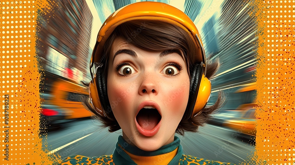 Poster retro pop art woman with surprised and excited facial expression displayed in dynamic figural pose f