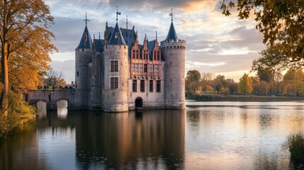 Obraz premium Majestic medieval castle reflection in tranquil lake surrounded by autumn foliage and colorful trees at sunset, creating a peaceful and enchanting landscape