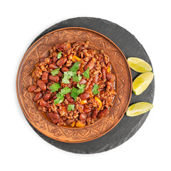 Top view of homemade mexican spicy chili con carne local cuisine stewed with beans, tomatoes, ground beef and hot chilli seasoning garnished with parsley served on plate with lime isolated on white