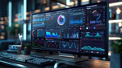 High-Tech Computer Dashboard: CRM Data and Business Analytics Visualization for Enhanced Decision-Making