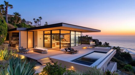 Fototapeta premium Elegant Modern Coastal House with Stunning Ocean Views at Sunset Surrounded by Greenery and Palm Trees in a Tranquil Outdoor Setting
