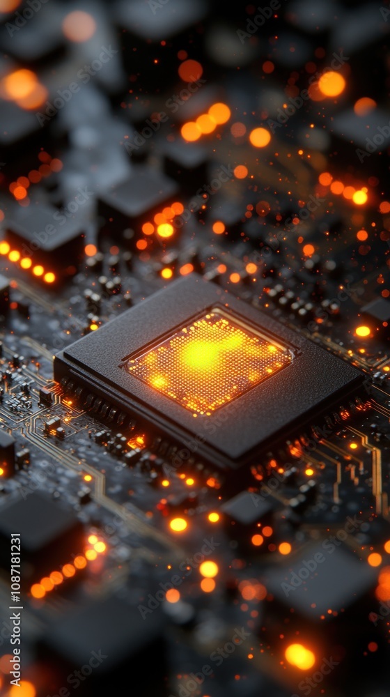 Poster close-up of a glowing microchip on a circuit board.