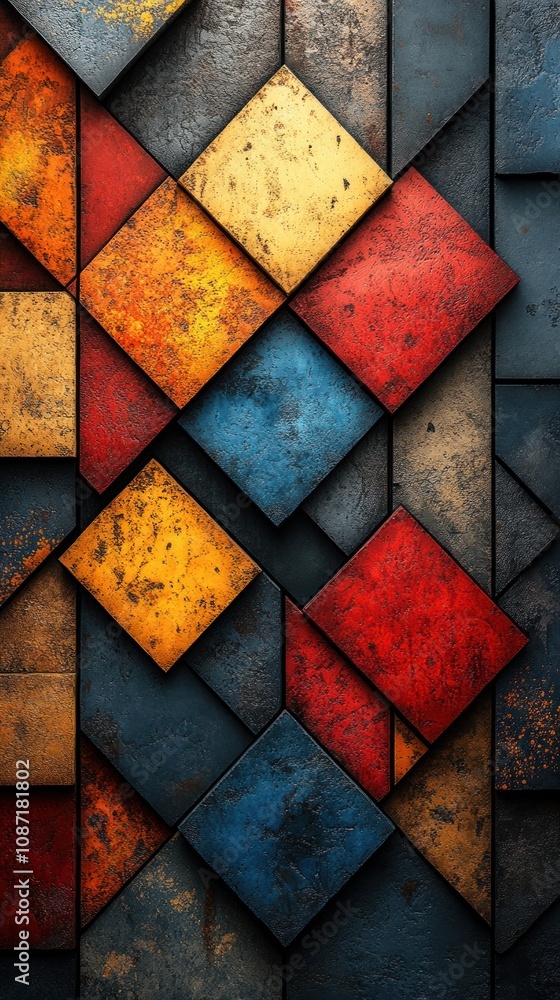 Poster abstract geometric pattern of colored tiles with a textured finish.
