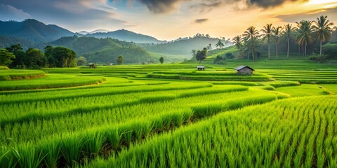 Fototapeta premium Serene Minimalist Paddy Field Landscape: A Lush Green Texture Background Capturing the Essence of Tranquility in Rice Cultivation and Nature's Beauty