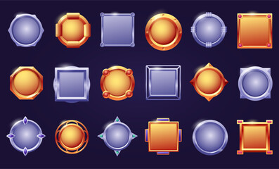 Game cartoon buttons. Round square steel effect frames, metal shine shields ui elements. Badges or medals gold and silver, medieval nowaday vector elements