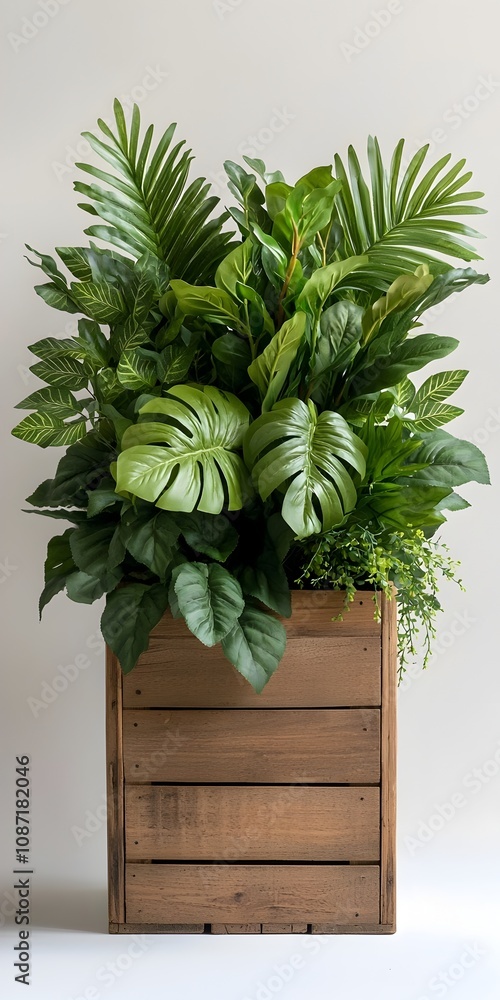 Aufkleber weathered wooden crate overflowing with an abundance of lush trailing foliage plants set against a c