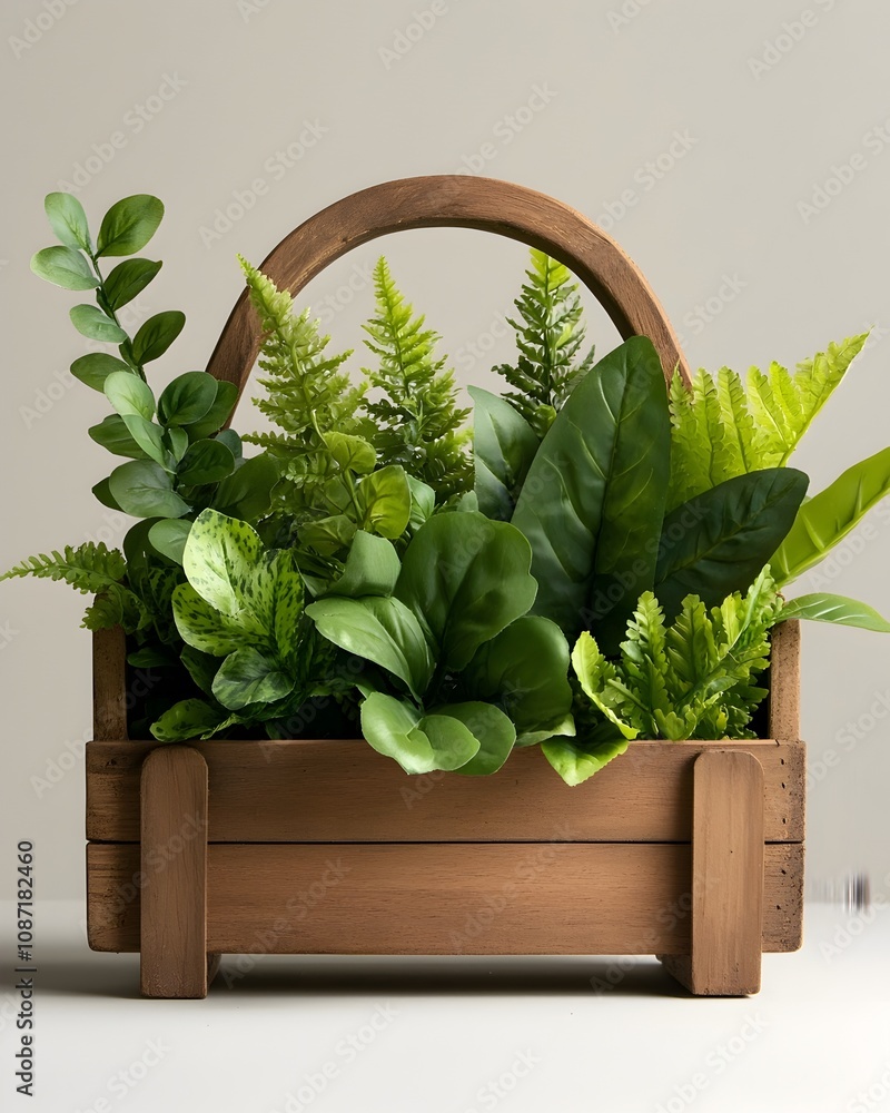 Poster rustic natural wood planter box overflowing with an eclectic array of thriving leafy greenery captur