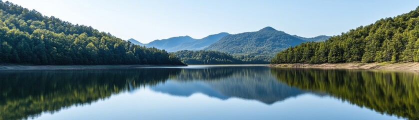Obraz premium Scenic lake surrounded by lush mountains reflecting on the calm water surface under a clear blue sky.