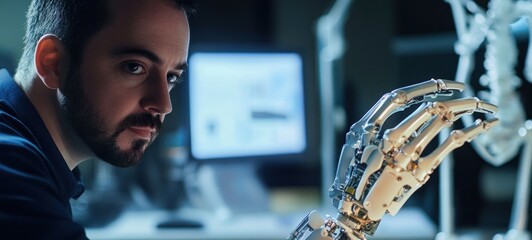 Ingenious Mind: A Man's Intense Focus on a Robotic Hand, Unveiling the Future of Technology