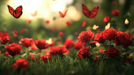 Fototapeta premium Red roses in full bloom, scattered across a grassy field, with butterflies fluttering around.