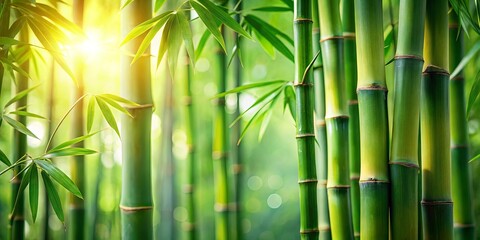 Fototapeta premium Lush green bamboo forest bathed in sunlight, vibrant leaves and stalks create a serene and peaceful natural scene.