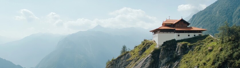 Scenic view of a traditional building perched on a mountainside under a clear sky.