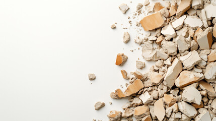 Close-up of an assortment of broken ceramic pieces and clay shards scattered on a light background, showcasing textures and natural earthy tones.