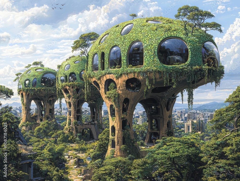 Poster imagining a utopian cityscape in a lush urban environment where every building serves as a habitat