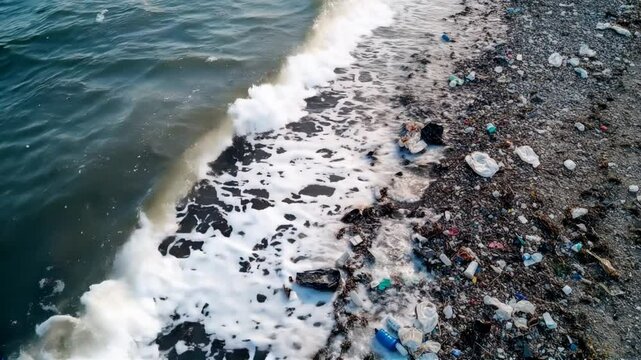 drone view of dirty beach with used plastic bottle and plastic waste up on Beach ,generative ai	
