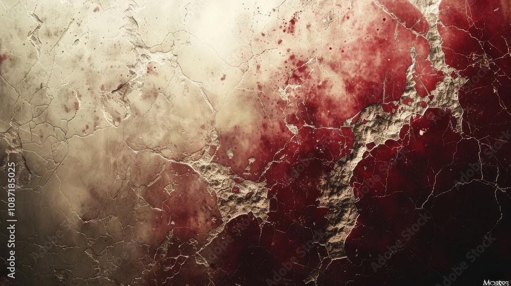 Poster abstract texture with cracks and red patterns creating a dramatic visual effect, showcasing intricat