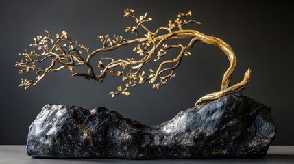 A stunning sculpture adorned with gold accents and entwined vines, offering a captivating aesthetic. This beautiful sculpture presents a unique artistic expression with ample copy space.