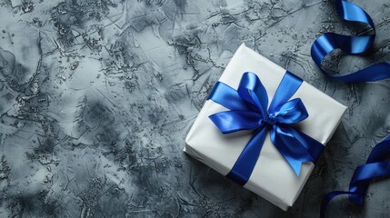 A beautifully wrapped gift with a blue ribbon on a textured gray surface.