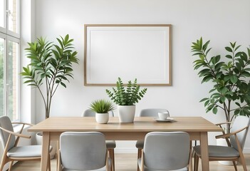 Fototapeta premium A modern dining room with a wooden table and chairs, potted plants, and a blank framed wall art
