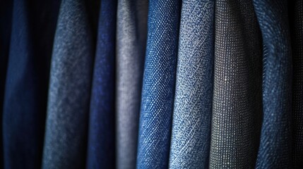 Fototapeta premium Close-up image of various styles of blue jeans displayed on a rack, emphasizing the texture and color of the blue jeans with ample copy space for customization.