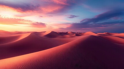 Nighttime landscape of desert dunes with a captivating sky, capturing the beauty and tranquility of the desert environment, ideal for a wide-angle photo with ample copy space.