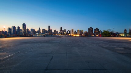 Obraz premium Empty square floor with city skyline background, Urban plaza surrounded by skyscrapers, golden hour illumination