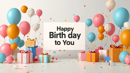 Elegant birthday greeting banner with white space text saying  Happy Birthday to You  decorated with colorful balloons and gift boxes for a joyful and festive look