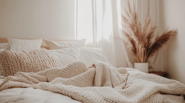 Scandinavian bedroom interior with cozy bed and plush blankets, highlighting minimalist design and warm tones that create a serene atmosphere. Ample copy space to enhance the visual appeal.