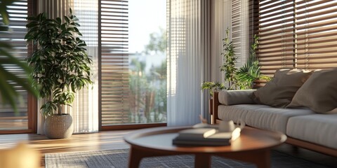 Cozy home interiors feature wood blinds paired with sheer white curtains, creating a warm and inviting atmosphere with stylish window treatments that enhance comfort.