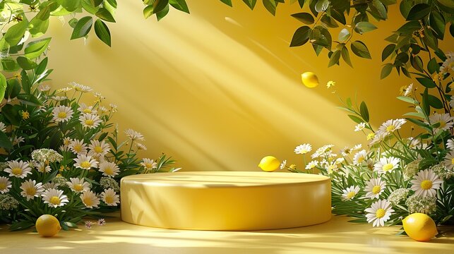 Sleek 3D Display Showcasing Yellow Podium with Subtle Nature Accents: Ideal for product presentations, advertisements, and showcasing spring or summer themes