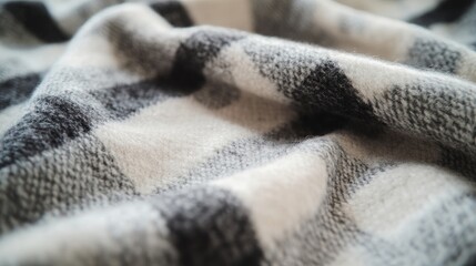 Close-up of a plaid texture highlighting the grey blanket against a neutral background, ideal for showcasing the intricate details of the fabric and its cozy atmosphere.