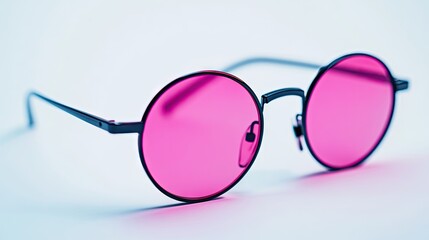 Pink circular tinted round sunglasses with a sleek black arm, isolated against a clean white background offering ample copy space for design needs. The pink sunglasses add a vibrant touch.