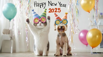 Adorable cat and dog duo wearing colorful hats and 2025 shaped glasses celebrating the arrival of the new year 2025 with festive streamers balloons and a cheerful joyful expression
