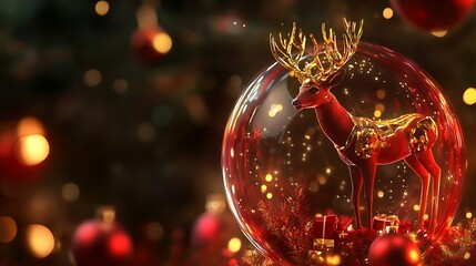 Robotic deer with golden accents in a glass globe warm red and gold Christmas lighting