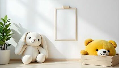 A white rabbit plush toy, a yellow bear plush toy, and a wooden frame on a white wall background